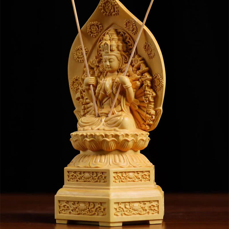 Buddha Stones, handgefertigt, tausendarmiger Avalokitesvara-Kwan-Yin-Bodhisattva-Statue, Buchsbaum, Fülle, Heimdekoration