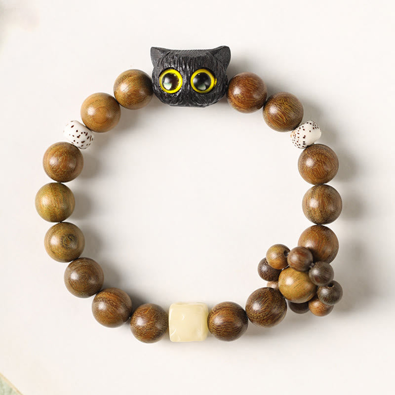 Buddha Stones Grünes Sandelholz Ebenholz Holz Katze Frieden beruhigendes Armband