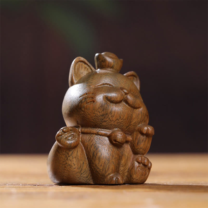 Buddha Stones Mini grüner Sandelholzbarren, glückliche Katze, geschnitzte Friedens-Schreibtischdekoration