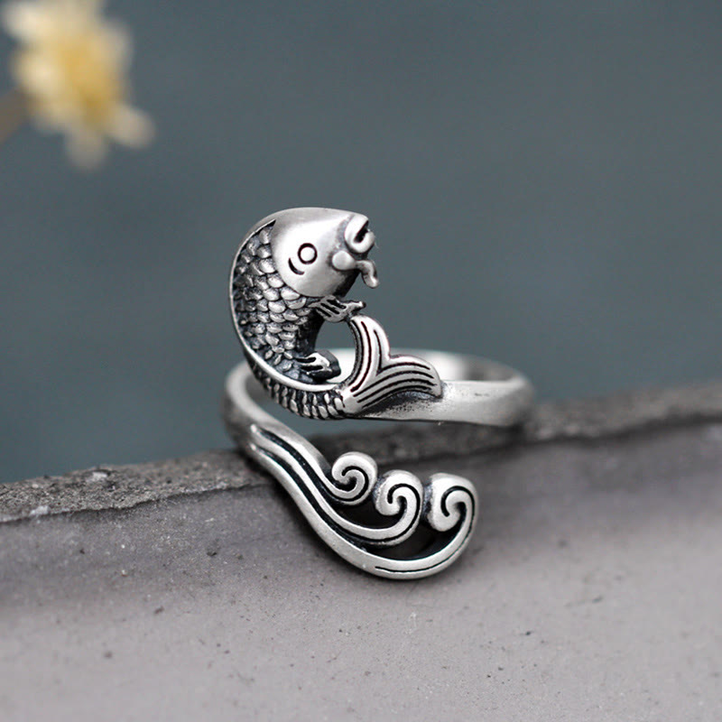 Buddha Stones 925 Sterling Silber Koi Fisch Wasser Welligkeit Glück Reichtum Ring