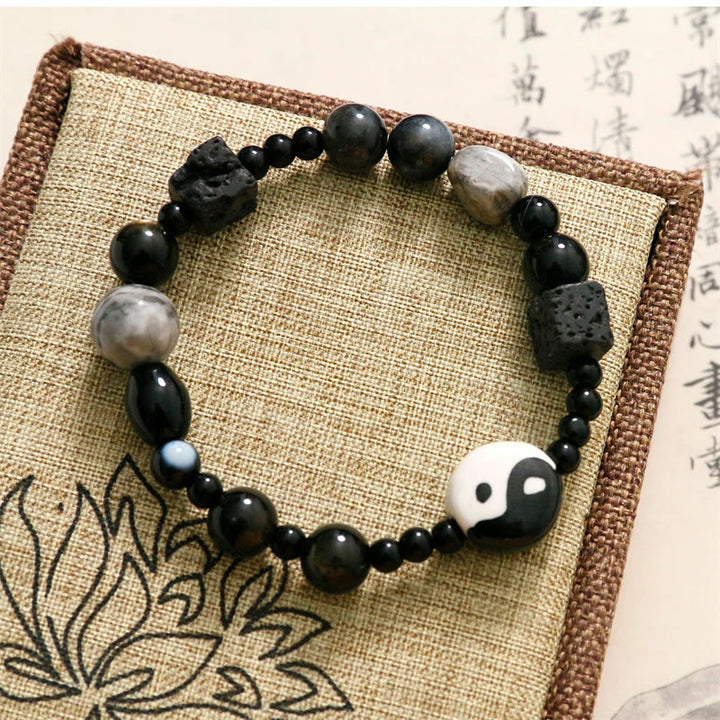 Buddha Stones Schwarzes Onyx-Picasso-Jaspis-Perlen-Yin-Yang-Glücksschutz-Armband