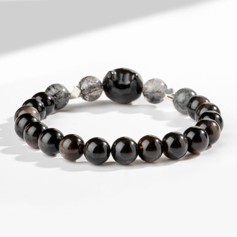 Buddha Stones Natürliches silberglänzendes Obsidian-Armband zum Schutz des niedlichen Katzenkopfes