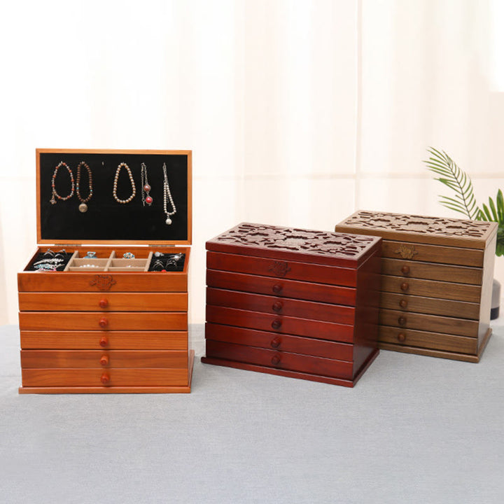 Buddha Stones, großes Fassungsvermögen, Vintage-Blumen, geschnitzte Holz-Schmuckschatulle, sechslagige Schmuck-Aufbewahrungsbox