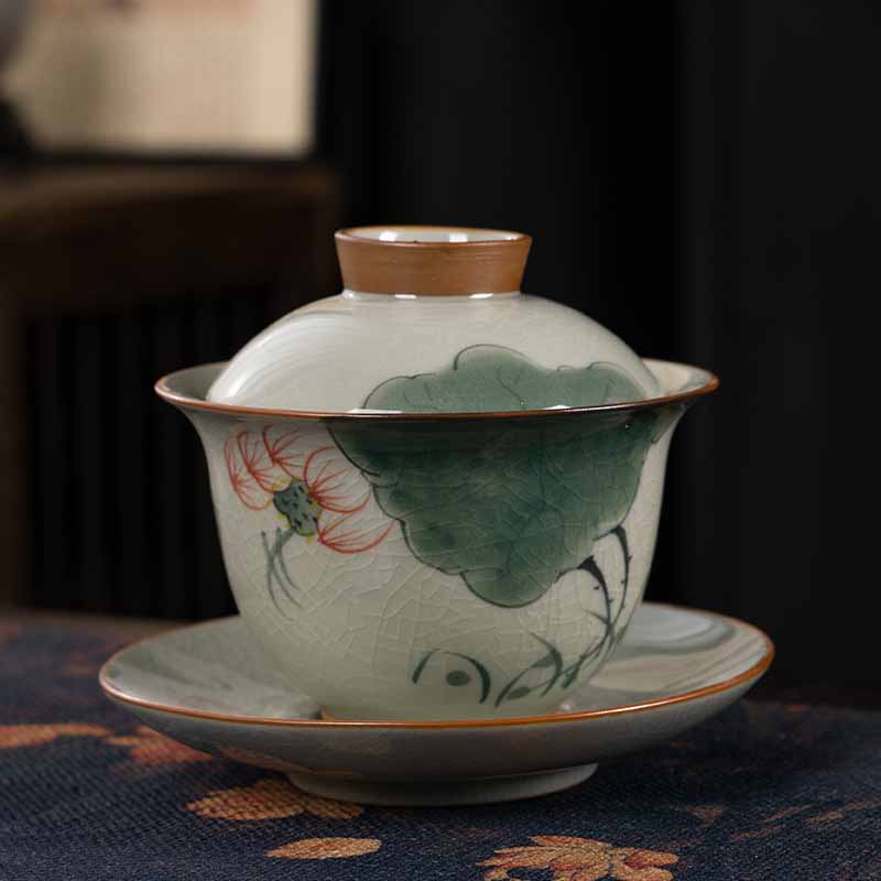 Buddha Stones Lotus Koi Fisch Pod Blatt Keramik Gaiwan Sancai Teetasse Kung Fu Teetasse und Untertasse mit Deckel 140 ml