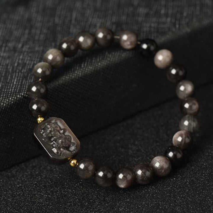 Buddha Stones Silber glänzendes Obsidian Lotusblume Neunschwänziger Fuchs Lachender Buddha Schutzarmband