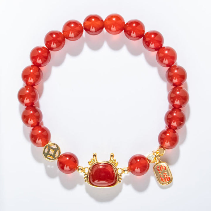 Armband mit Buddha Stonesn, Jahr des Drachen, natürlicher roter Achat, schwarzer Onyx, Glücks-Fu-Charakter