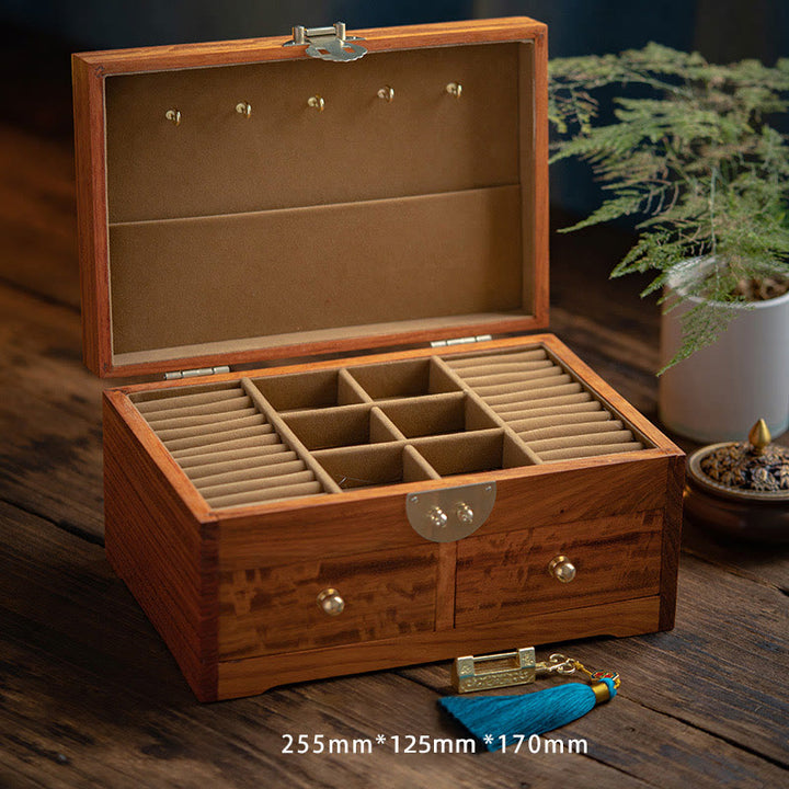 Antike handgefertigte Palisander-Schmuckaufbewahrungsbox, abschließbar, große doppellagige Blumen-Geschenk-Organizer-Box aus Holz