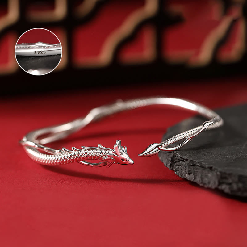 Buddha Stones 925 Sterling Silber Jahr des Drachen Design Glück Metall Manschettenarmband Armreif