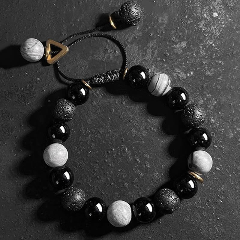 Buddha Stones Armband aus schwarzem Obsidian, Lavastein, Yin-Yang-Stärke