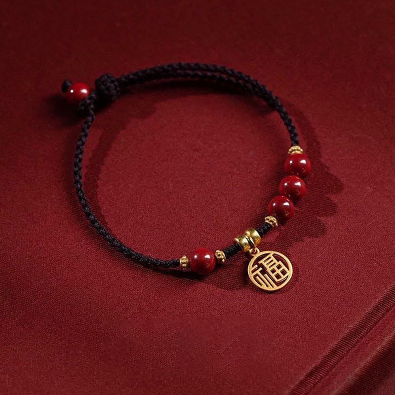 Buddha Stones Cinnabar Bead Fu Charakter Charm Segen geflochtenes Schnurarmband