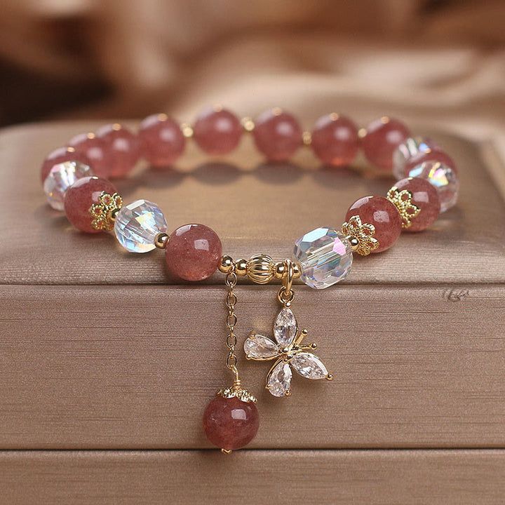 Buddha Stones Natürliches Erdbeerquarz Love Healing Schmetterlings-Charm-Armband