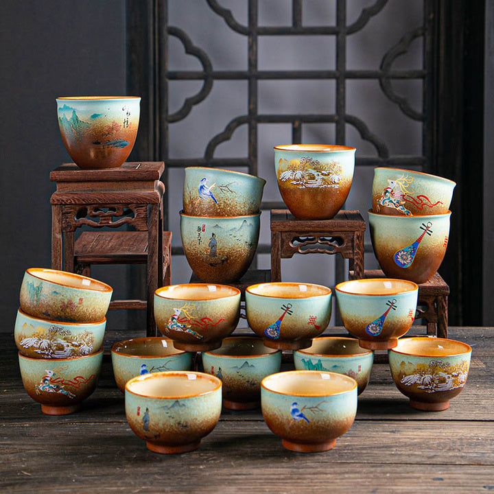 Buddha Stones, bunt, Hirsch, Pipa, Schnee, Pflaumenblüten, Berge, Flüsse, Vogel, Keramik-Teetasse, Kung-Fu-Teetasse, Schüssel