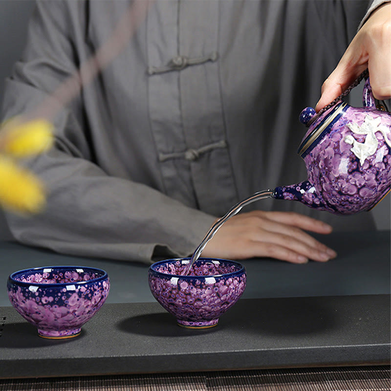 Buddha Stones, bunte Iris-Blumen, chinesischer Jianzhan-Ofenwechsel, Porzellan-Teetasse, Tenmoku-Kung-Fu-Teetasse