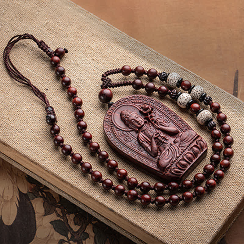 Chinesischer Sternzeichen-Natal-Buddha, kleines Blatt, rotes Sandelholz, Lotus-Schutz-Halsketten-Anhänger