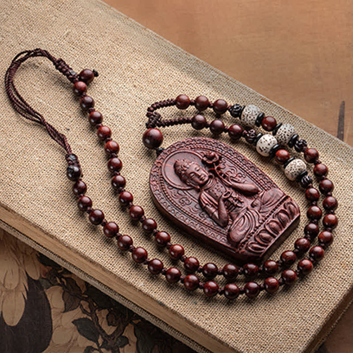 Chinesischer Sternzeichen-Natal-Buddha, kleines Blatt, rotes Sandelholz, Lotus-Schutz-Halsketten-Anhänger