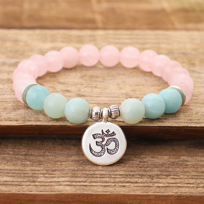 Armband mit Buddha Stonesn, natürlichem rosa Kristall, Amazonit, Lotus, Buddha, OM-Symbol, Wärme