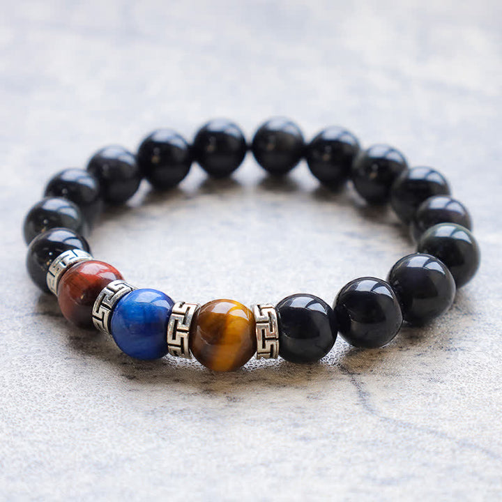 Natürliches schwarzes Obsidian-Tricolor-Tigerauge-Stärke-Armband