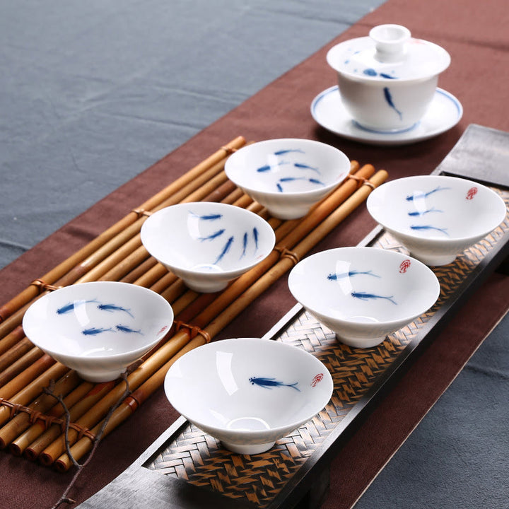 Buddha Stones Jingdezhen blaue und Weiß Porzellan-Koi-Fisch-Teetasse aus Keramik, Kung-Fu-Teetassen