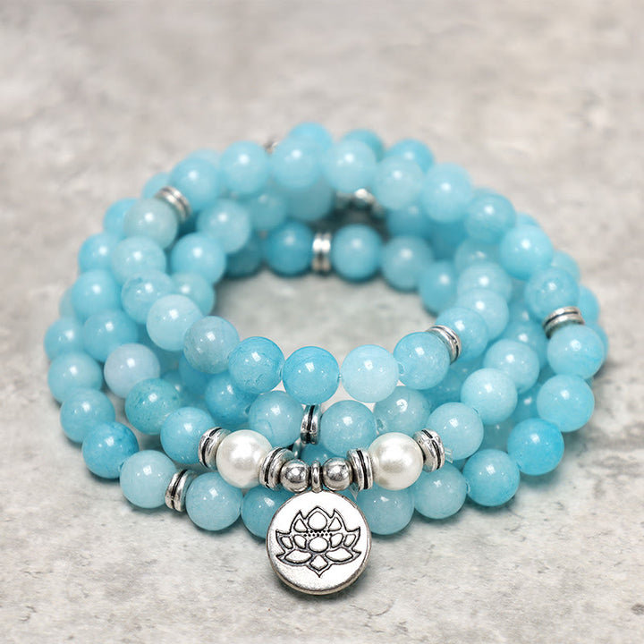 Buddha Stones Natürliches Amazonit-Heilungs-Lotus-Mala-Armband