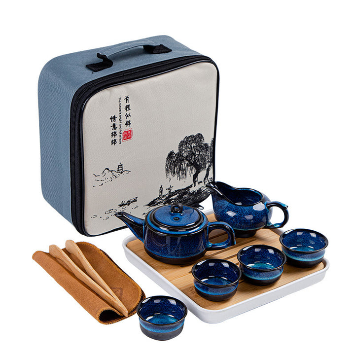 Buddha Stones, blauer Farbverlauf, chinesischer Gongfu-Tee, Keramik-Teekanne, tragbares Geschenkbeutel-Box-Set