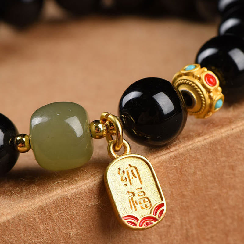 Buddha Stones, schwarzer Onyx, Hetian-Jade-Perlen, Glücksbringer-Charm-Armband