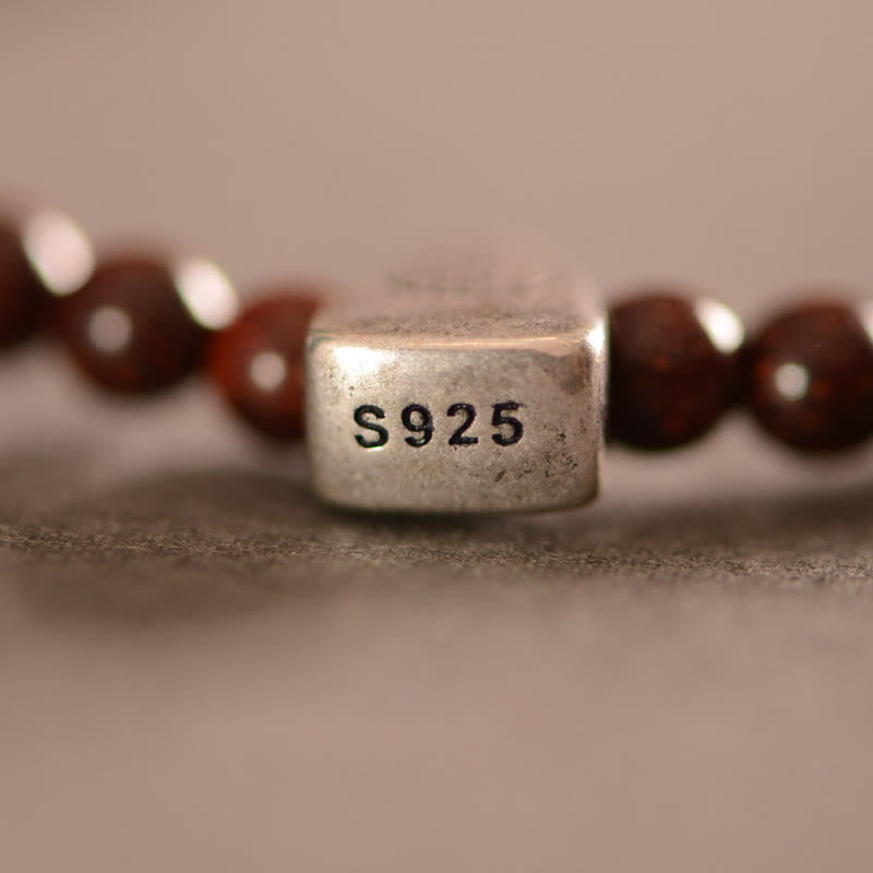 Buddha Stones, 925er-Sterlingsilber, indisches kleines Blatt, rotes Sandelholz, Fu-Charakterschutz, dreifach gewickeltes Armband