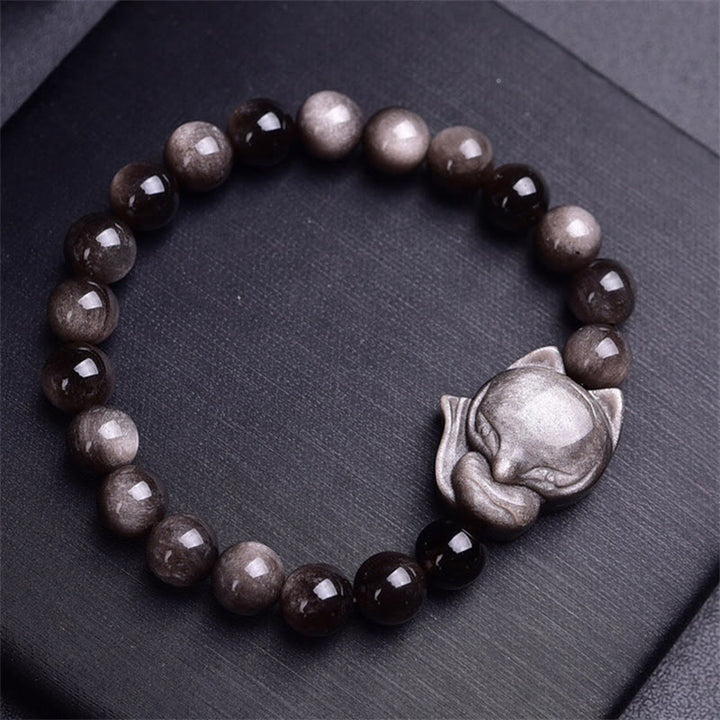 Buddha Stones Schutzarmband mit Obsidian und Fuchs, natürlicher Silberglanz