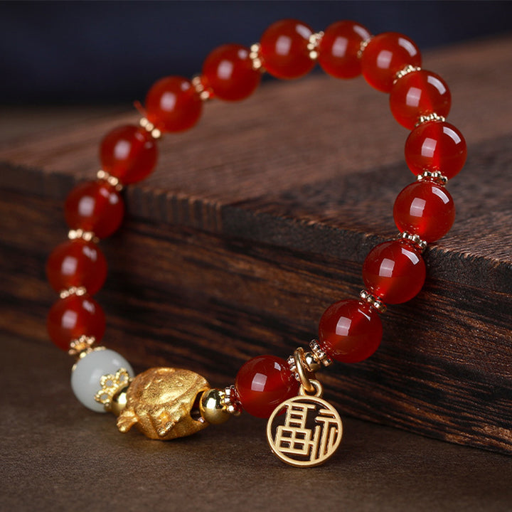 Armband mit Buddha Stonesn, Jahr des Drachen, rotem Achat, grauem Achat, Knödel, Glück, Fu-Charakter