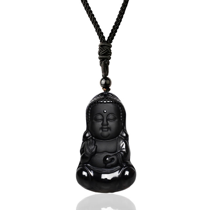 Buddha Stones, natürlicher schwarzer Obsidian-Kristall, Buddha-Stärke, Schutz, Amulett, Glücksbringer-Anhänger-Halskette