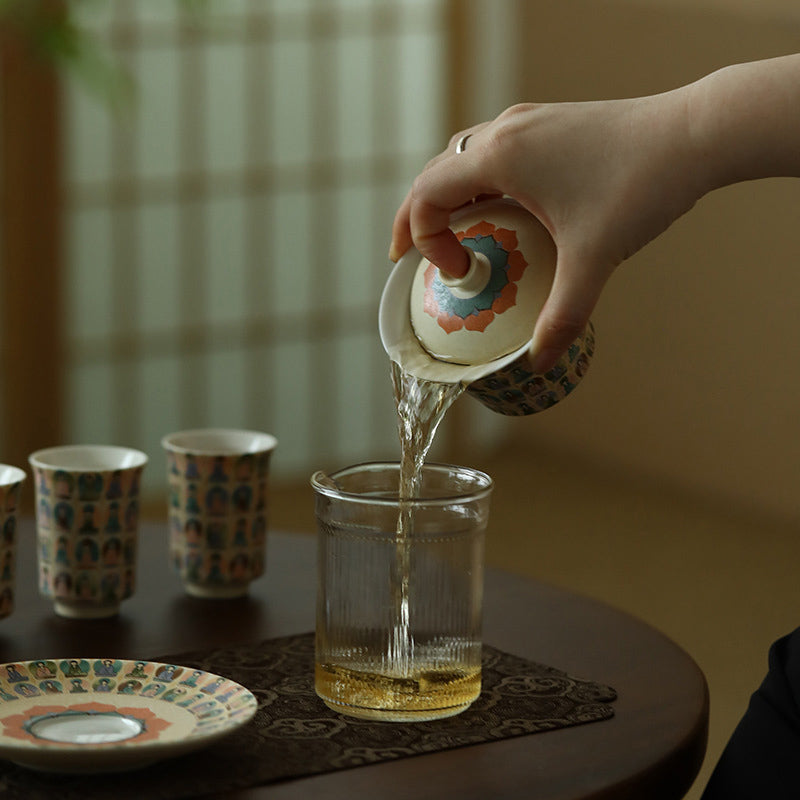 Buddha Stones, Dunhuang, Farbe, tausend Buddhas, fliegende Apsaras, Muster, Gaiwan-Teetasse, Kung-Fu-Teetasse mit Deckel