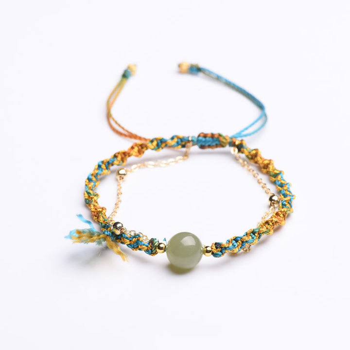 Buddha Stones Handgefertigtes buntes Seil-Glücks-Jade-Perlen-Überfluss-Doppelschicht-Armband