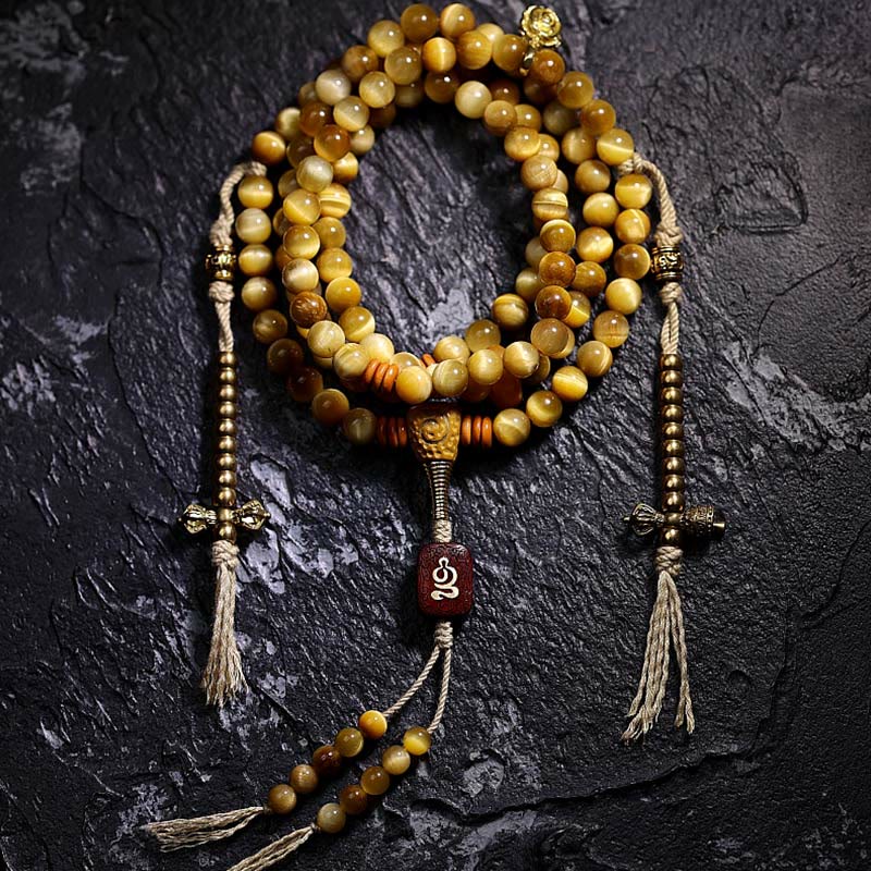 Buddha Stones 108 Mala Perlen Natürliches Tigerauge Kupfer Dorje Schutz Quastenarmband