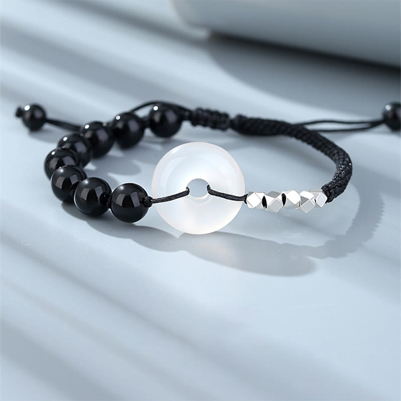 Buddha Stones 925 Sterling Silber schwarzes Obsidian-Achat-Friedensschnallen-Stärke-Armband