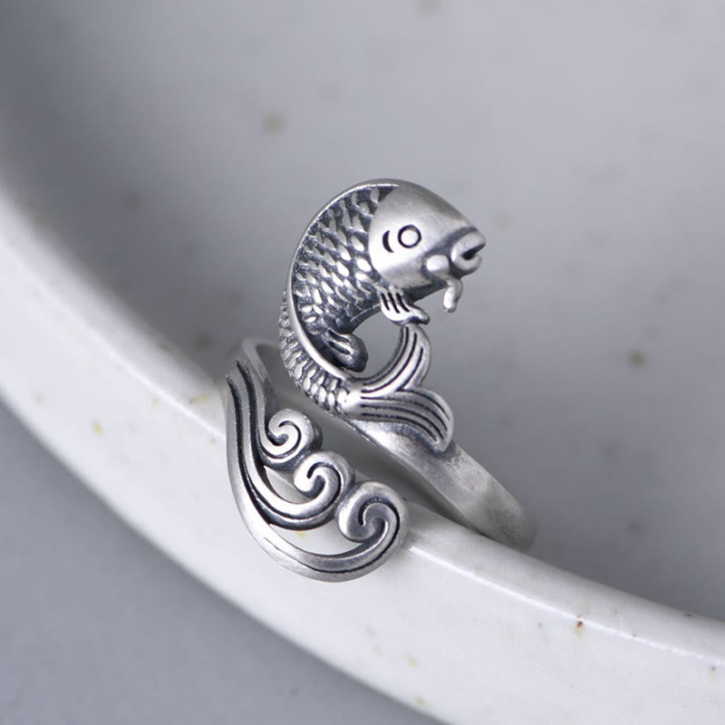 Buddha Stones 925 Sterling Silber Koi Fisch Wasser Welligkeit Glück Reichtum Ring