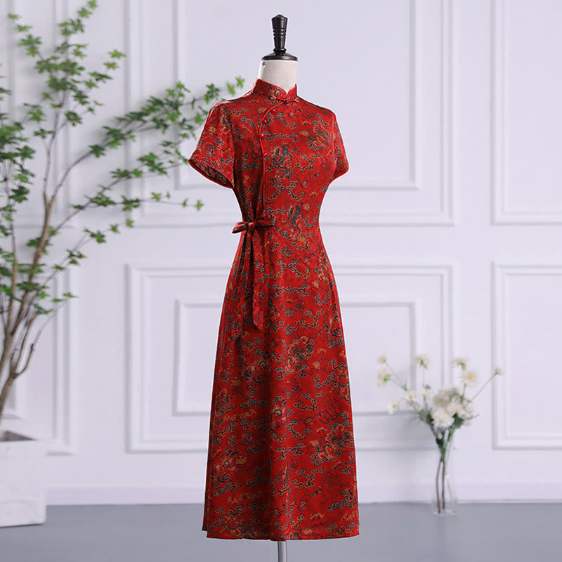 Buddha Stones Vintage Auspicious Clouds Leaf Print Cheongsam Kleid Damen Qipao Kleid