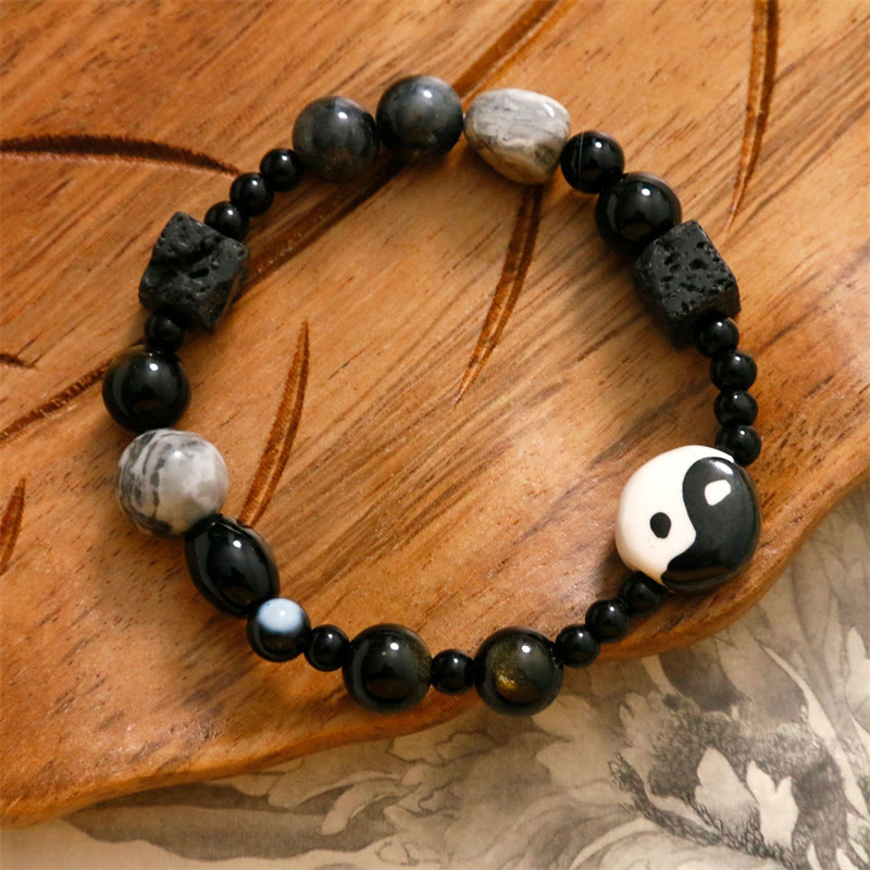 Buddha Stones Schwarzes Onyx-Picasso-Jaspis-Perlen-Yin-Yang-Glücksschutz-Armband