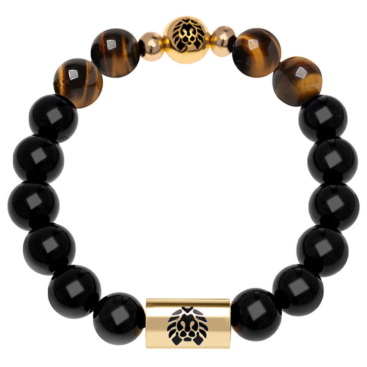 Buddha Stones Schutzarmband mit schwarzer Onyx-Tigerauge-Perle und Löwe-Gravur