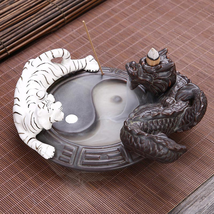 Tiger-Drachen-Rückfluss-Rauchbrunnen, Keramik, Yin-Yang-Segen-Räuchergefäß, Dekoration