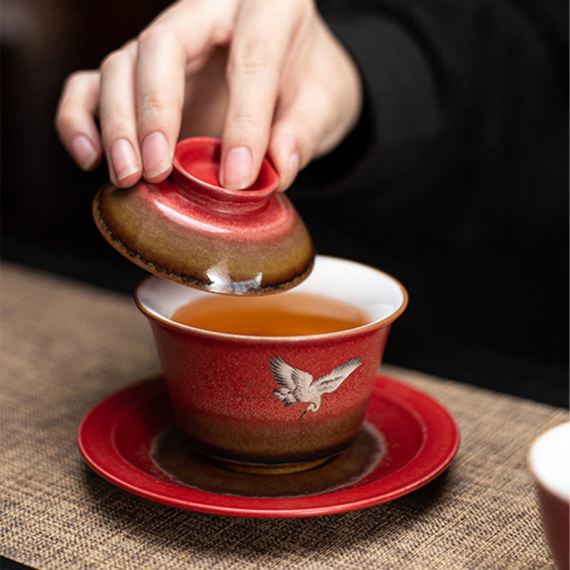 Buddha Stones, roter verheißungsvoller Kranich, Keramik, Gaiwan-Sancai-Teetasse, Kung-Fu-Teetasse und Untertasse mit Deckel