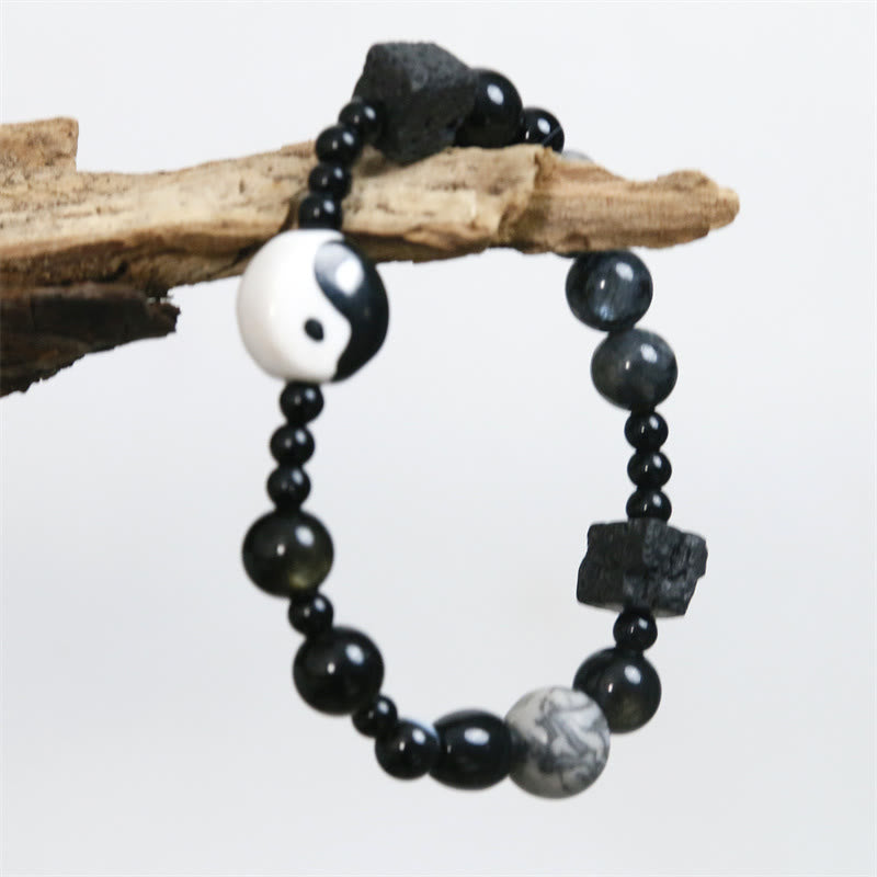 Buddha Stones Schwarzes Onyx-Picasso-Jaspis-Perlen-Yin-Yang-Glücksschutz-Armband