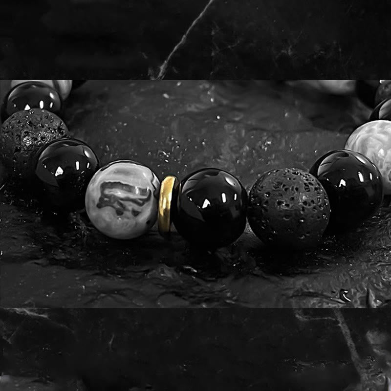 Buddha Stones Armband aus schwarzem Obsidian, Lavastein, Yin-Yang-Stärke