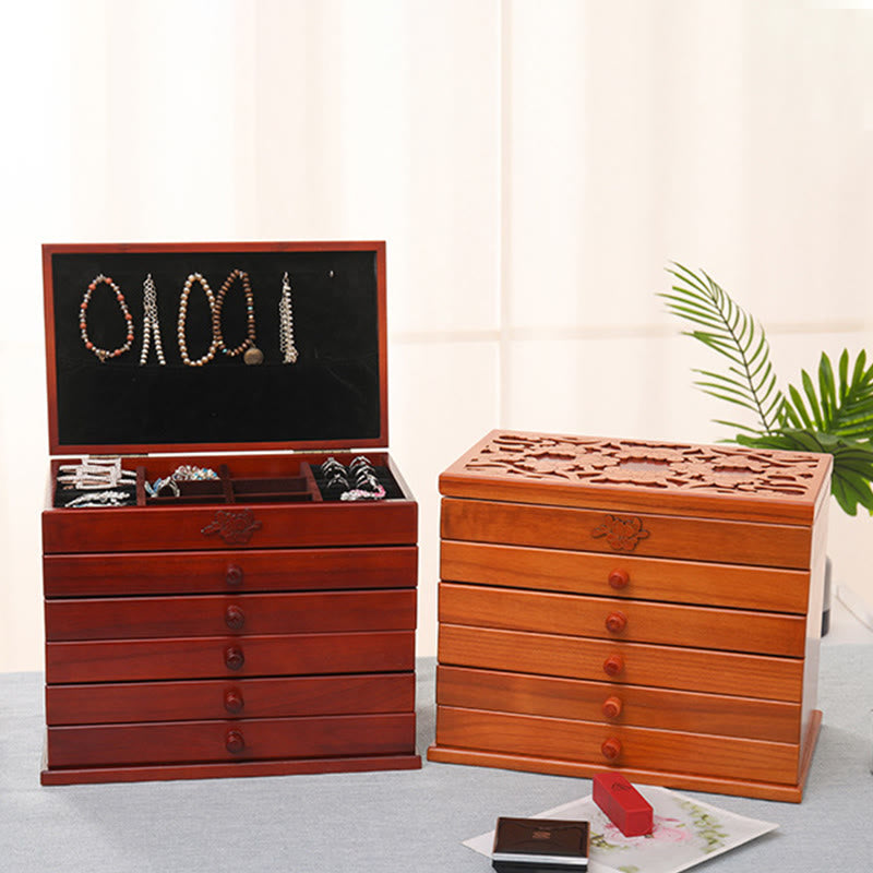 Buddha Stones, großes Fassungsvermögen, Vintage-Blumen, geschnitzte Holz-Schmuckschatulle, sechslagige Schmuck-Aufbewahrungsbox