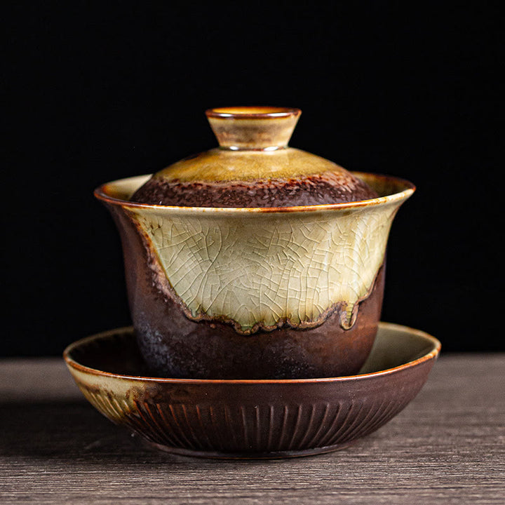 Buddha Stones Vintage Brown Kiln Change Design Porzellan Keramik Gaiwan Sancai Teetasse Kung Fu Teetasse und Untertasse mit Deckel