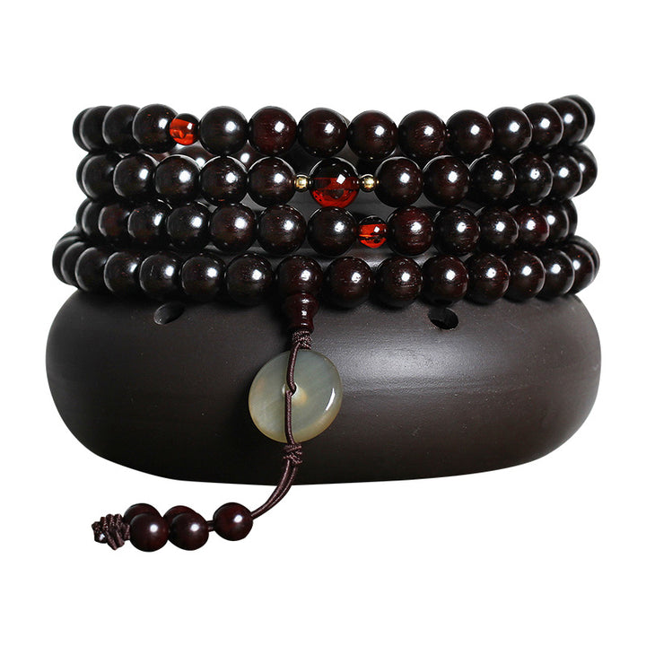 Buddha Stones, 108 Mala-Perlen, 4,8 Sterne, mit goldenem Stern, indisches kleines Blatt, rotes Sandelholz, Bernstein, Türkis, chinesisches Knoten-Segen-Armband