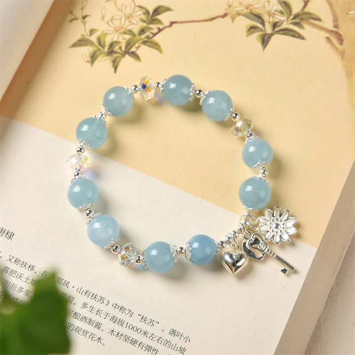 925 Sterling Silber natürliches Aquamarin Serenity Flower Love Schlüsselanhänger-Armband