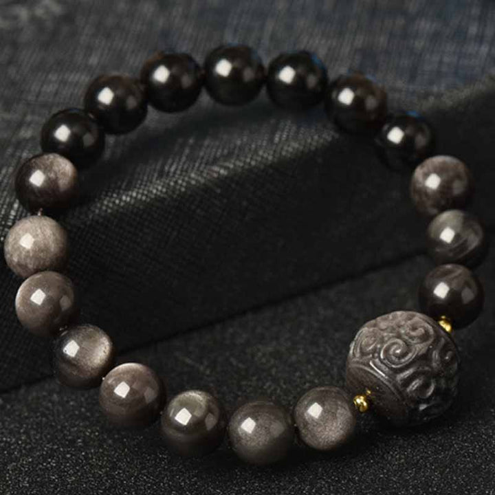 Buddha Stones Silber glänzendes Obsidian Lotusblume Neunschwänziger Fuchs Lachender Buddha Schutzarmband