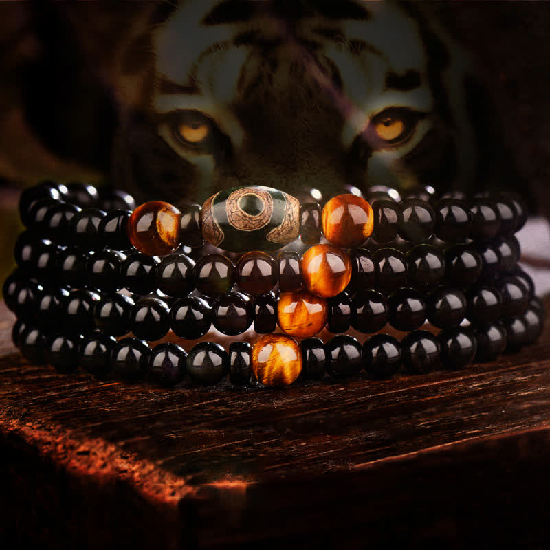 108 Perlen, schwarzer Obsidian, Dzi-Perle, Tigerauge-Achat, heilendes Mala-Armband