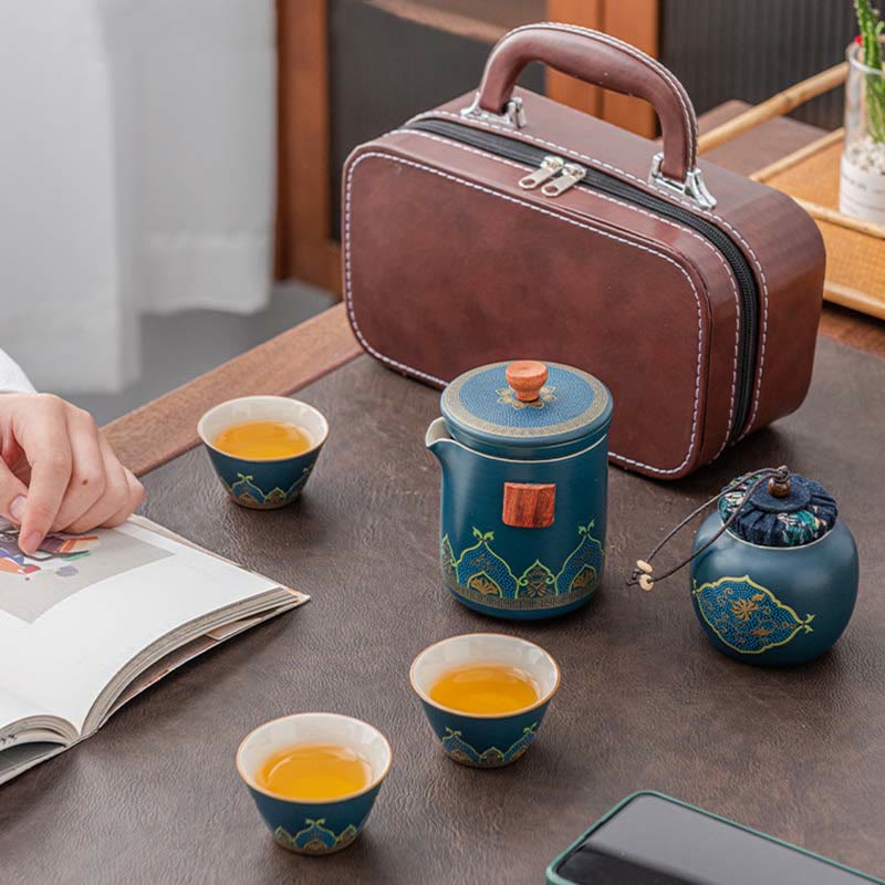 Buddha Stones Blume Chinesische Gongfu Keramik Teekanne Tragbare Outdoor Reise Tee-Set Tasche