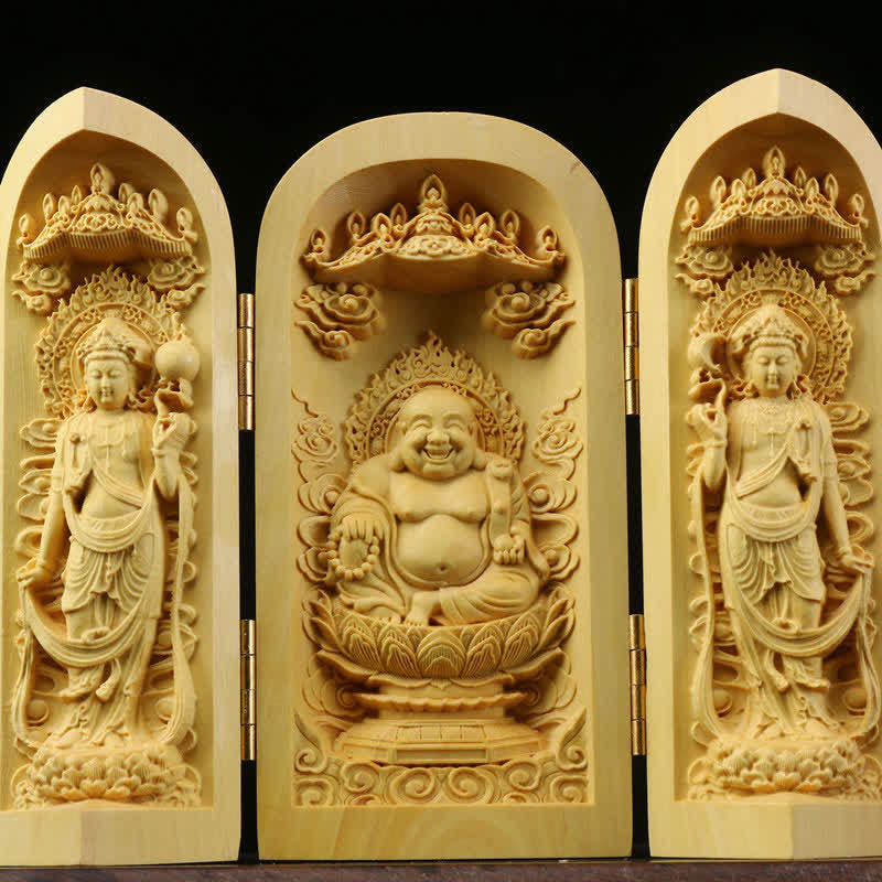 Handgeschnitzter tragbarer Buddha-Buchsbaum-Serenity-Home-Deko-Altar