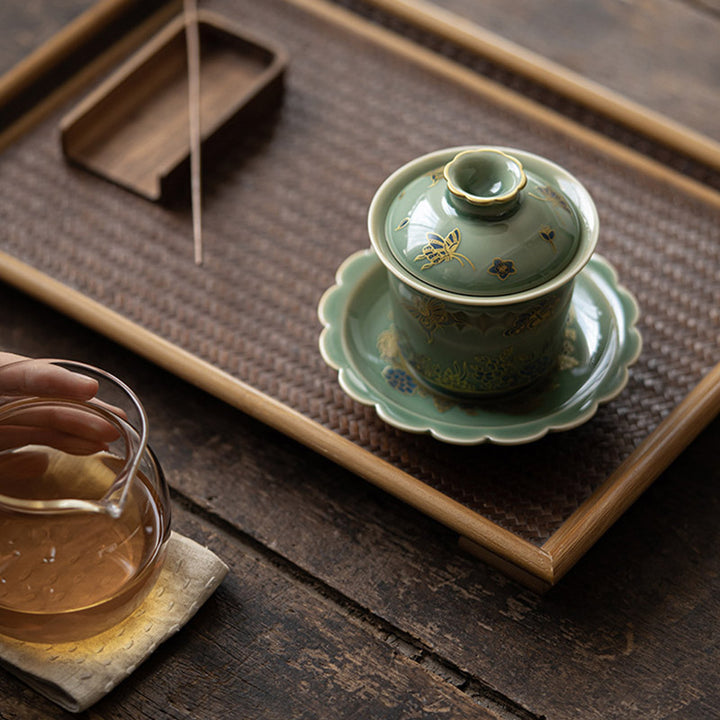 Buddha Stones, grünes Porzellan, Schmetterlingsblume, Lachsfisch, Keramik, Gaiwan, Sancai, Teetasse, Kung-Fu-Teetasse und Untertasse mit Deckel